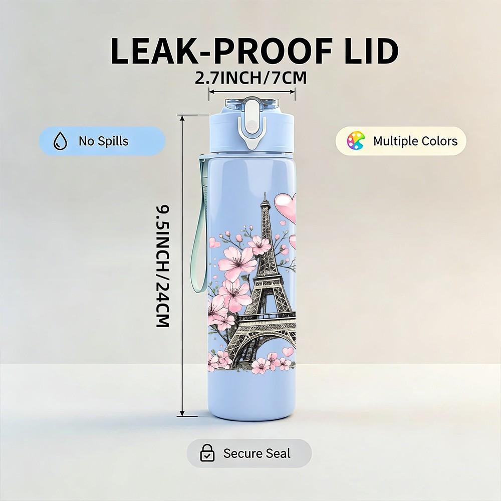 1PC Cherry Blossom Paris Tower Print 750ml Color Plastic Sports Water Bottle Leakproof Flip Straw Lid Suitable for Sports Office Home Use