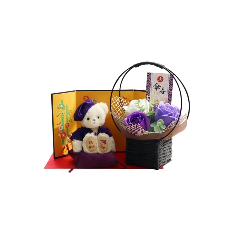 Petit Lou Longevity Bear, 12cm Small (Golden Screen, Fragrance Soap Flowers), 80th Birthday