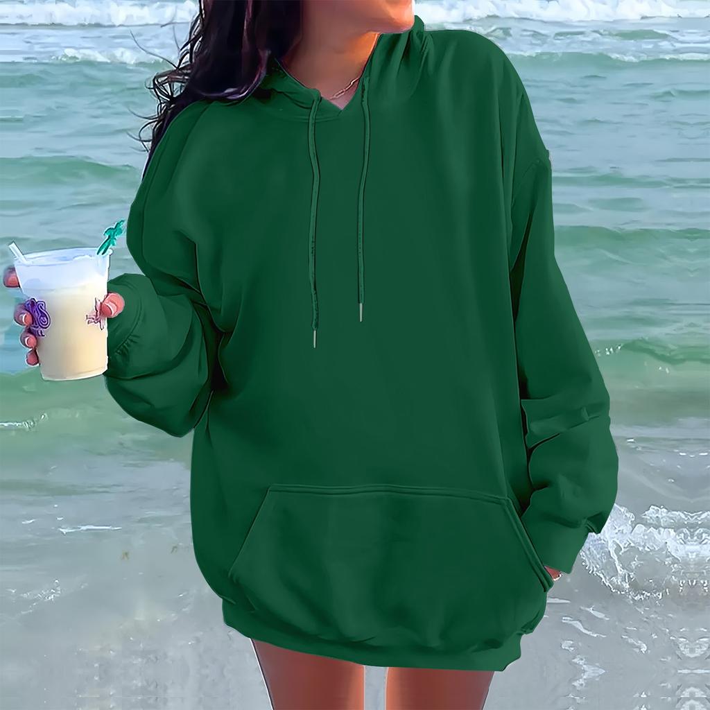 Женская модная повседневная толстовка с длинными рукавами и круглым вырезом с капюшоном, однотонная толстовка с прошитой нитью