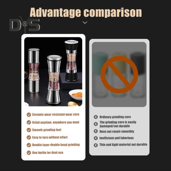 Измельчитель соли из нержавеющей стали. Регулируемая степень грубости. Легко чистится. Двойная головка. Измельчитель 2 в 1 для приправ.