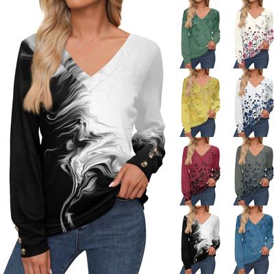 Женские топы с цветочным принтом, рубашка с длинным рукавом и V-образным вырезом, повседневная свободная футболка, осенняя одежда