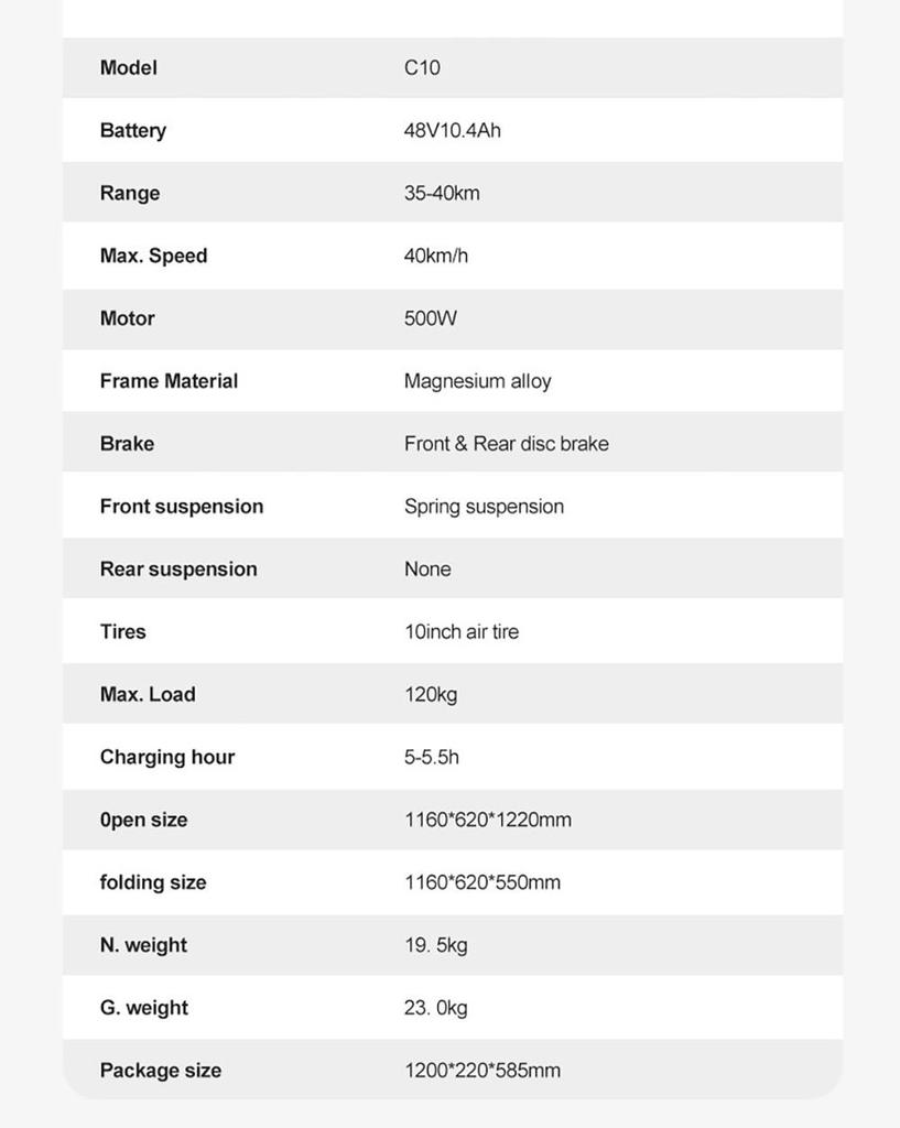 JOYOR C10 Electric Scooter, 500W Motor, 48V 10.4Ah Battery, 10 Inch Tire, 45km/h Max Speed, 30-50km Range, 120kg Max Load, Front and Rear Disc Brake