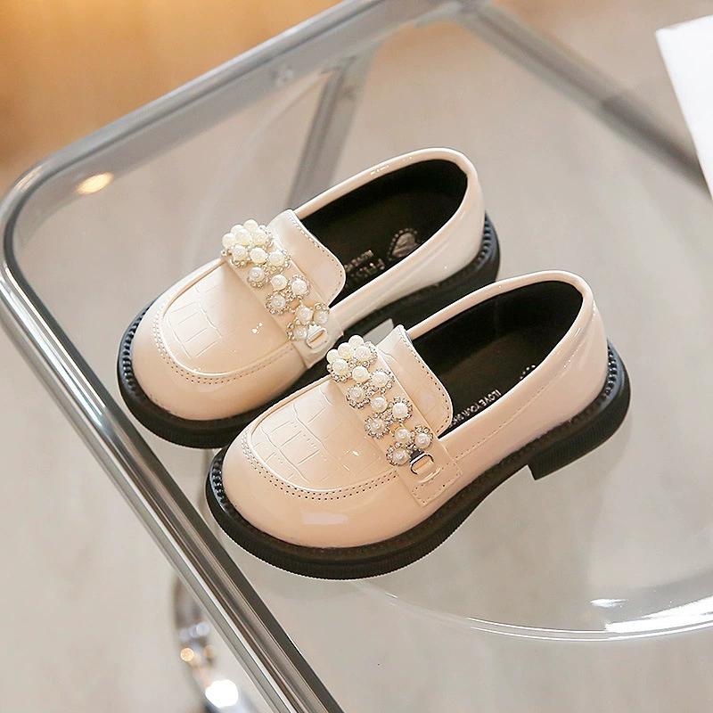 Kids PU Leather Shoes Korean Fashion Girls Pearl Casual Princess Shoes Little Girl Soft-soled Leather Shoes