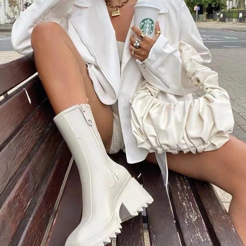 Роскошные женские ботильоны до щиколотки с квадратным носком, ПВХ резиновые сапоги для женщин на массивном каблуке, резиновые ботинки челси, женская обувь для дождя на толстой подошве