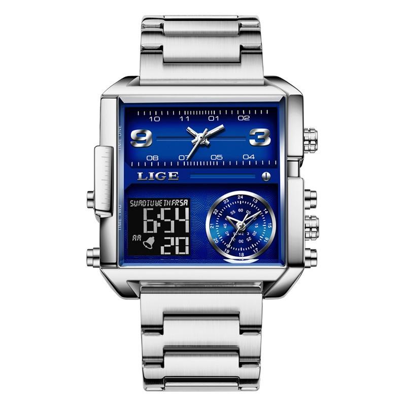 LIGE 8925 Men Quartz Watch Stainless Steel Mesh Leather Strap Dual Style Business Sport Wristwatch Luminous Waterproof Watch