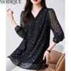 MODIQUE весна лето плюс размер новые женские свободные винтажные шифоновые блузки в горошек с принтом рубашки женские повседневные оверсайз топ с v-образным вырезом и длинными рукавами