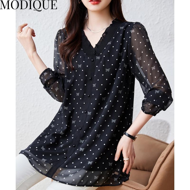 MODIQUE весна лето плюс размер новые женские свободные винтажные шифоновые блузки в горошек с принтом рубашки женские повседневные оверсайз топ с v-образным вырезом и длинными рукавами