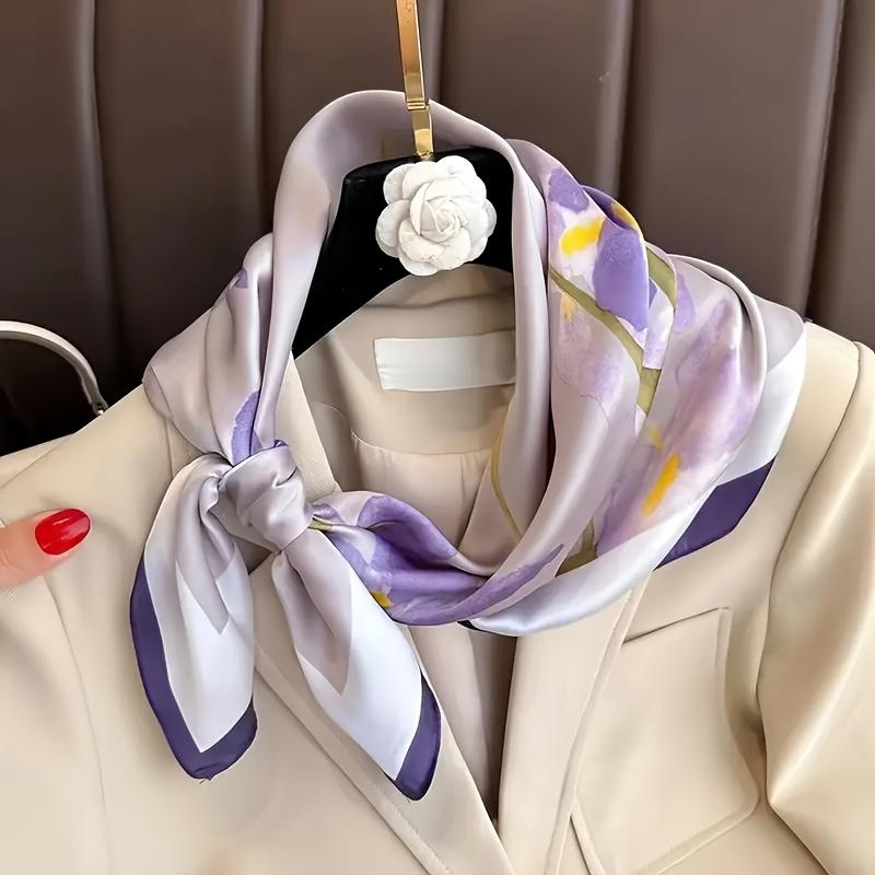 Elegant Lavender Print Shawl Square Scarf for Women Satin Fashion Wraps Neckerchief Female Hair Bands Ribbon Headband Bandana