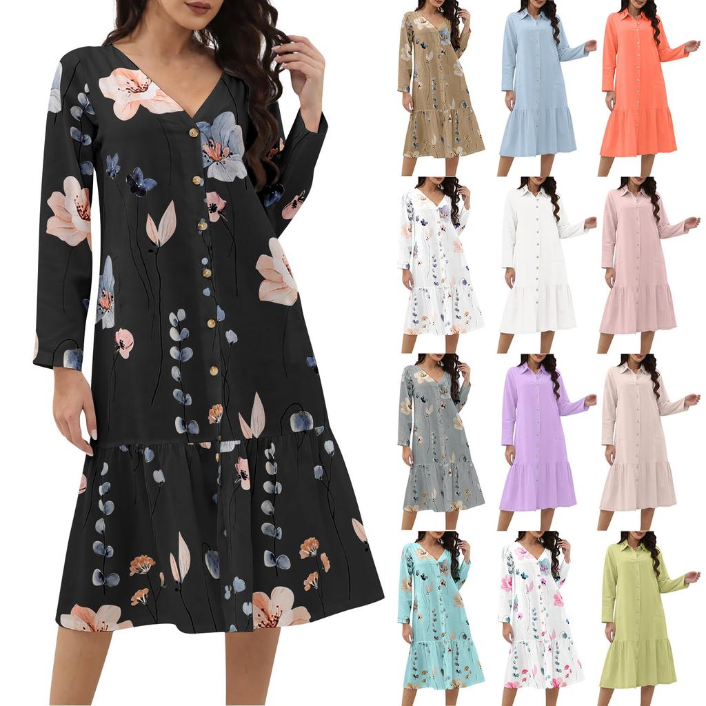 Женское повседневное однобортное платье с цветочным принтом, V-образным вырезом, длинными рукавами и карманами