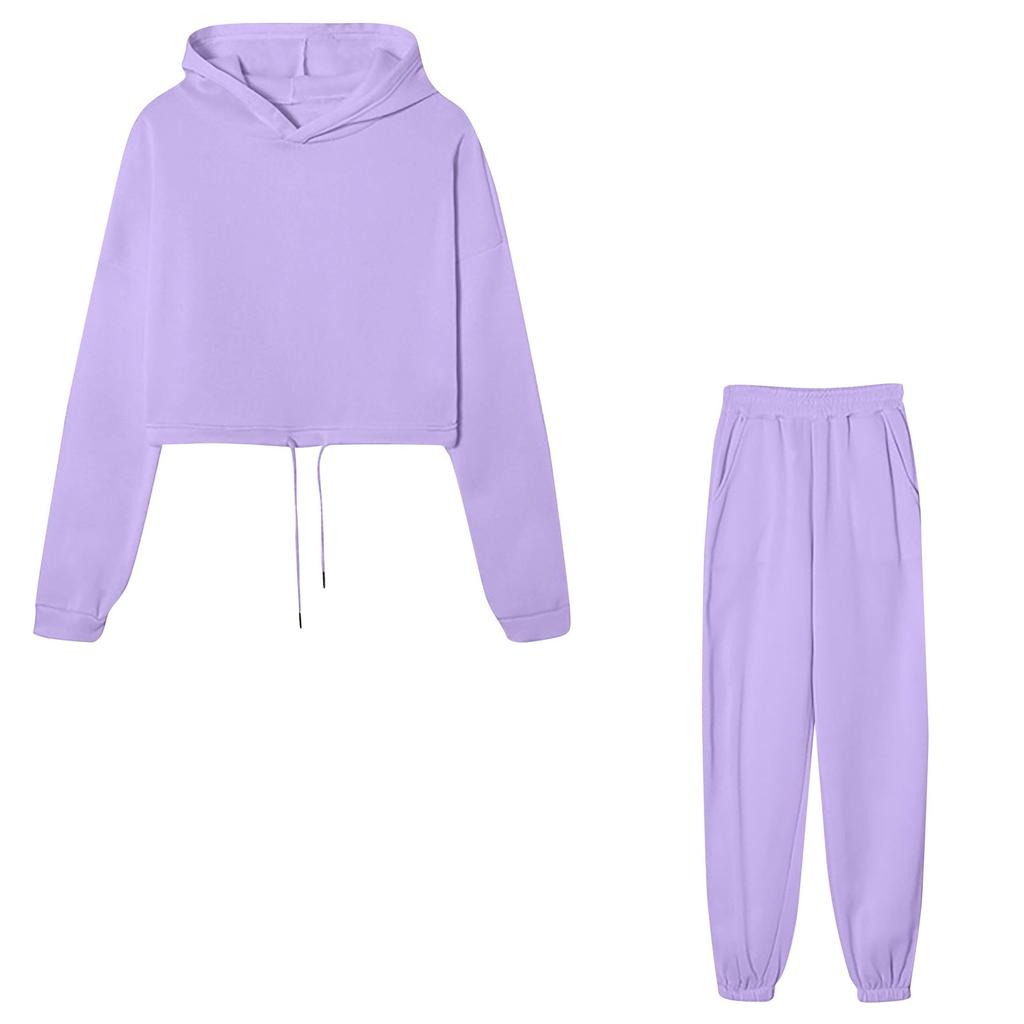 Женский спортивный модный однотонный повседневный комплект из двух предметов с капюшоном