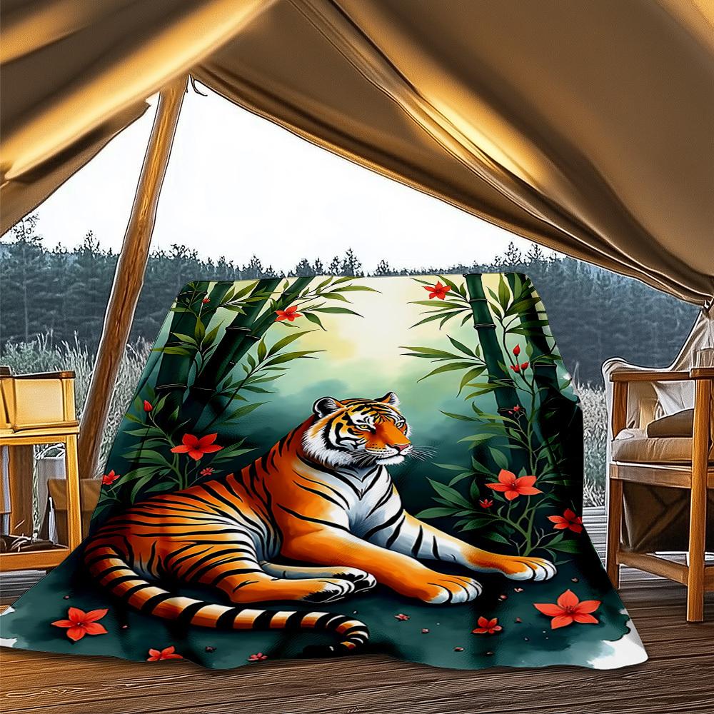 1pc Tiger Bamboo Flowers Throw Blanket Polyester Fiber, Lightweight Flannel, Soft & Warm, All Season Use for Outdoor, Camping Digital Print