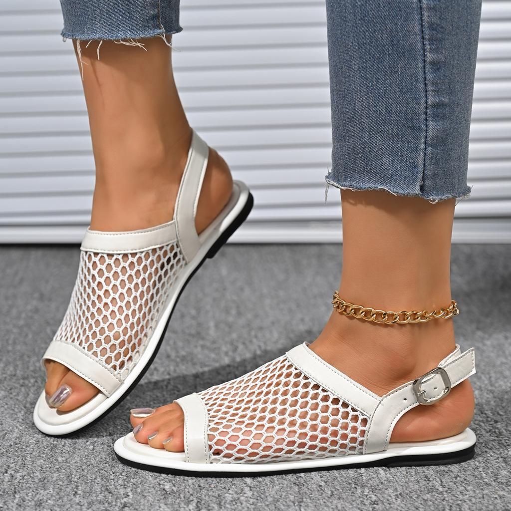2025 Large Flat Back Strap Sandals for Women's Summer New Breathable Woven Fish Mouth Mesh Sandals Beach Shoes
