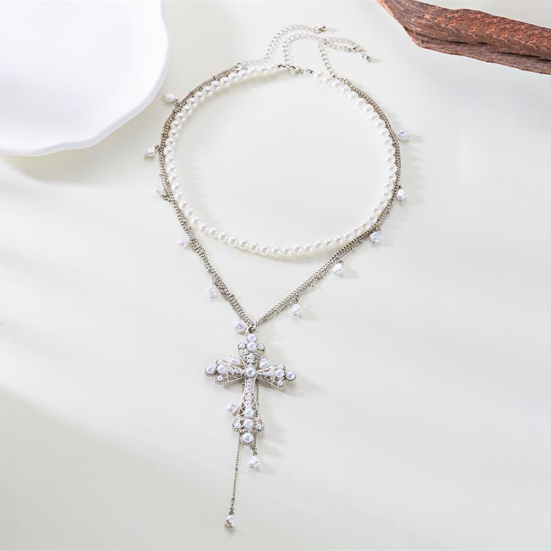 Винтажное многослойное эстетичное ожерелье с большим крестом, элегантная цепочка из бусин под жемчуг, женский чокер, Y2K украшение
