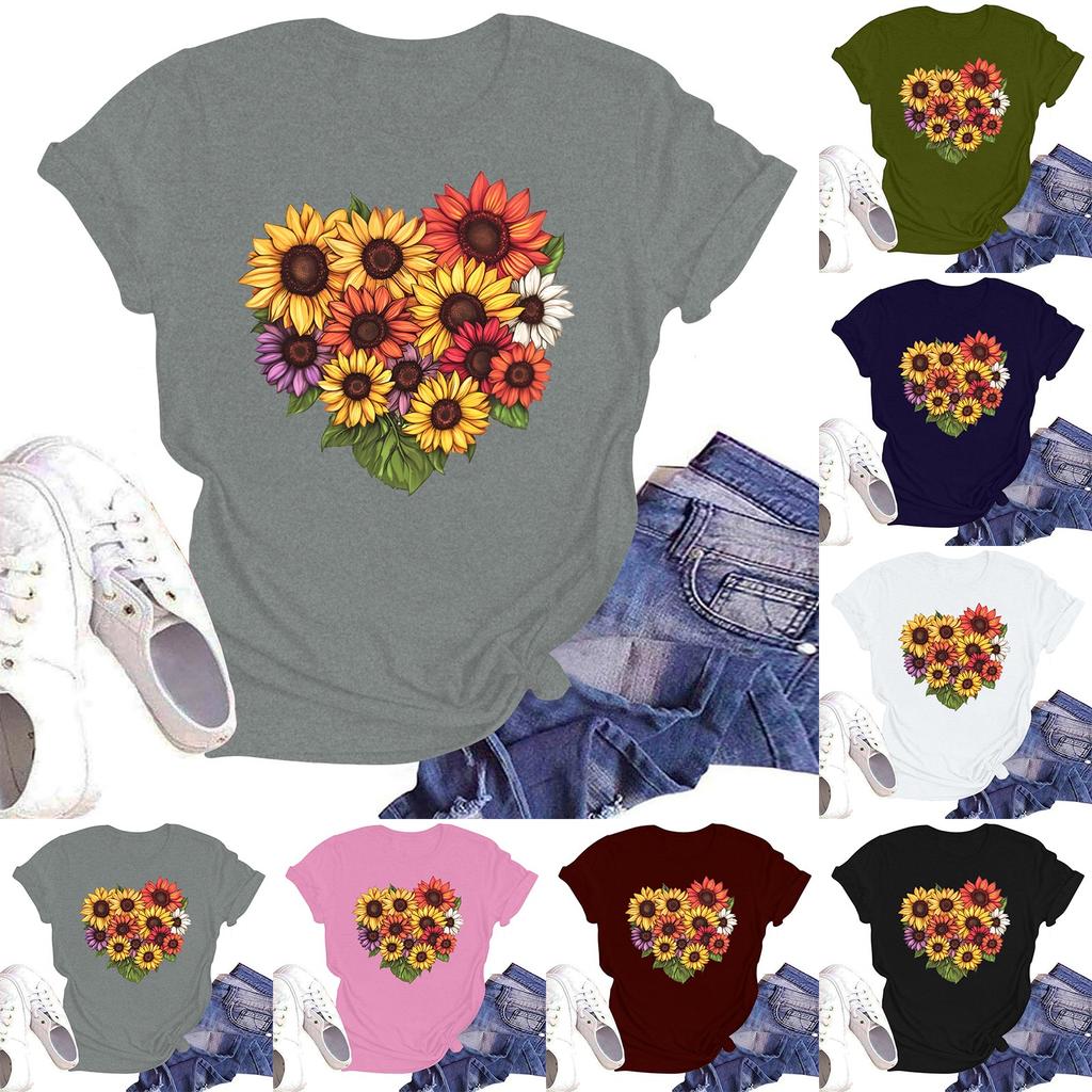 Women's Casual Loose Printed T-shirt Round Neck Pullover Short Sleeved Top