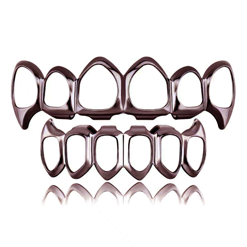 Eco-friendly Copper Hollow Teeth Grillz Top Bottom Set Glossy Finish Teeth Jewelry Party