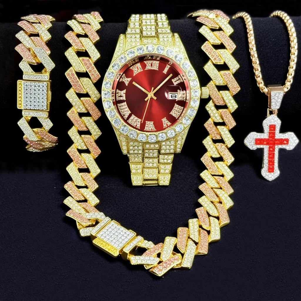 Men's Steel Strap Quartz Hip Hop Business Calendar Full Diamond Cuban Chain Colored Cross Luminous