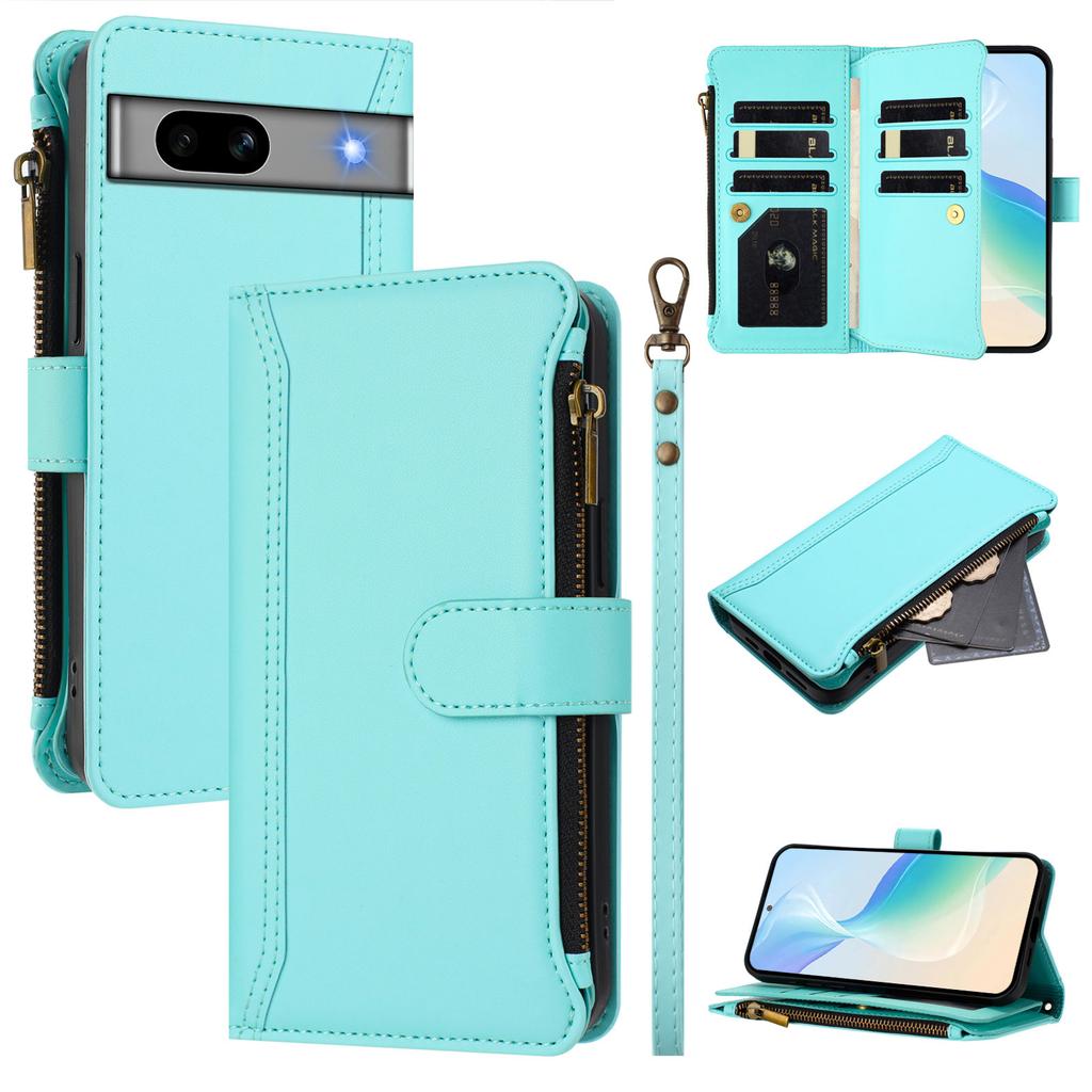 For Google Pixel 7a Leather Case 9 Card Slots Zipper Wallet Stand Phone Cover with Wrist Strap
