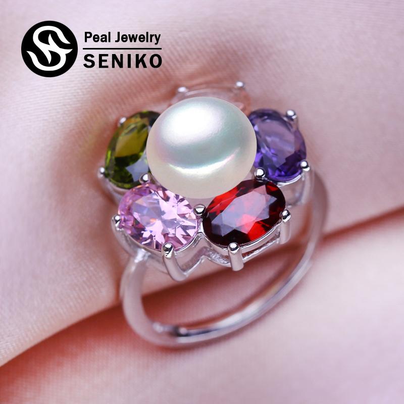 seniko Natural Freshwater Pearl Rings For Women Fashion Female Flower Ring Pearl Jewelry Adjustable Ring