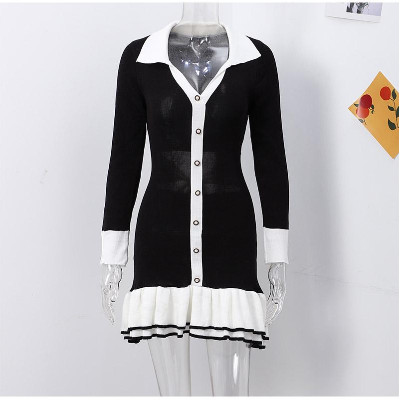 Элегантное трикотажное мини-платье с оборками, женское пэчворк, длинный рукав, V-образный вырез, бант, открытая спина, однобортное платье, женское вечернее платье