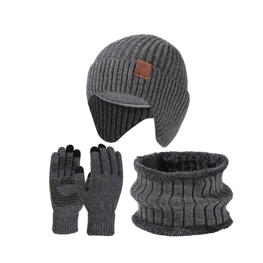 High Stretch Wool Hat Warm Hat Kit Scarf Gloves Three-Piece Set Men's Winter Outdoor Ear Protection Knitted Hat