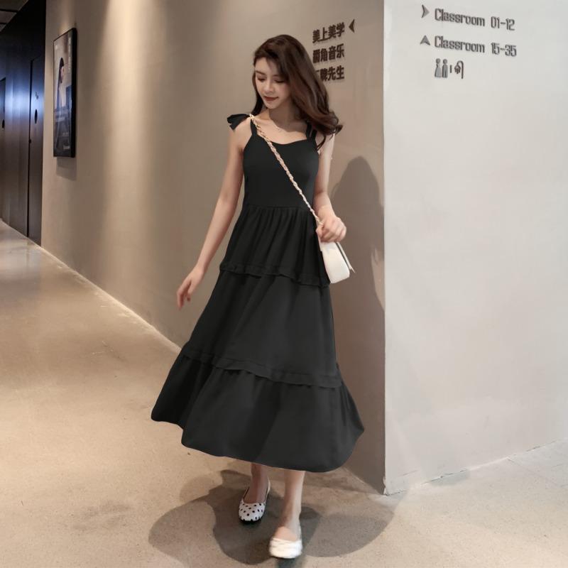 Летнее новое однотонное платье с бантом и сексуальными бретельками, женское ретро-платье с высокой талией, повседневное свободное длинное платье, женское модное облегающее элегантное платье с оборками 26371