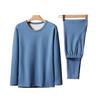 2 Pcs/Set Men Winter Underwear Suit Bottoming Clothes Thick Soft Plush Solid Color Elastic Round Neck Adjustable Waist Long Sleeve Top Pants
