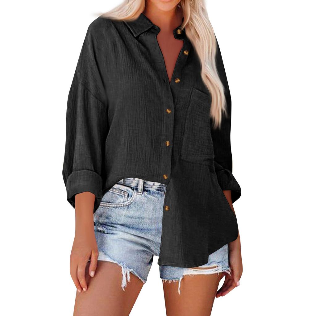 Women's Fashion Solid Color Loose Casual Single-Breasted Long Sleeve Shirt