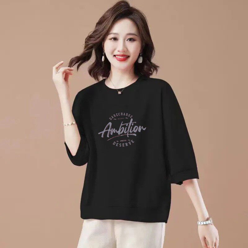Foreign Trade Clearance 100% Cotton round Neck T-shirt 3/4 Sleeve Loose Slimming Cover Meat Western Style Light Color Spring and Summer Women's Top