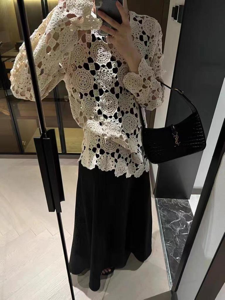 Chic Knitted Hollow-Out Sweater | Plus Size French Style | Loose Long Sleeve | Early Autumn Women's Outerwear