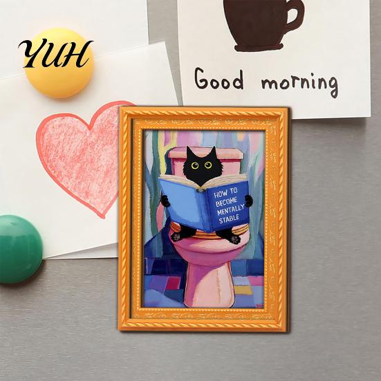 Metal Doors Decorative Magnets Oil Painting Cat Refrigerator Magnet, Wooden Frame Black Photo Theme Retro Rectangle Magnetic Decoration Fridge