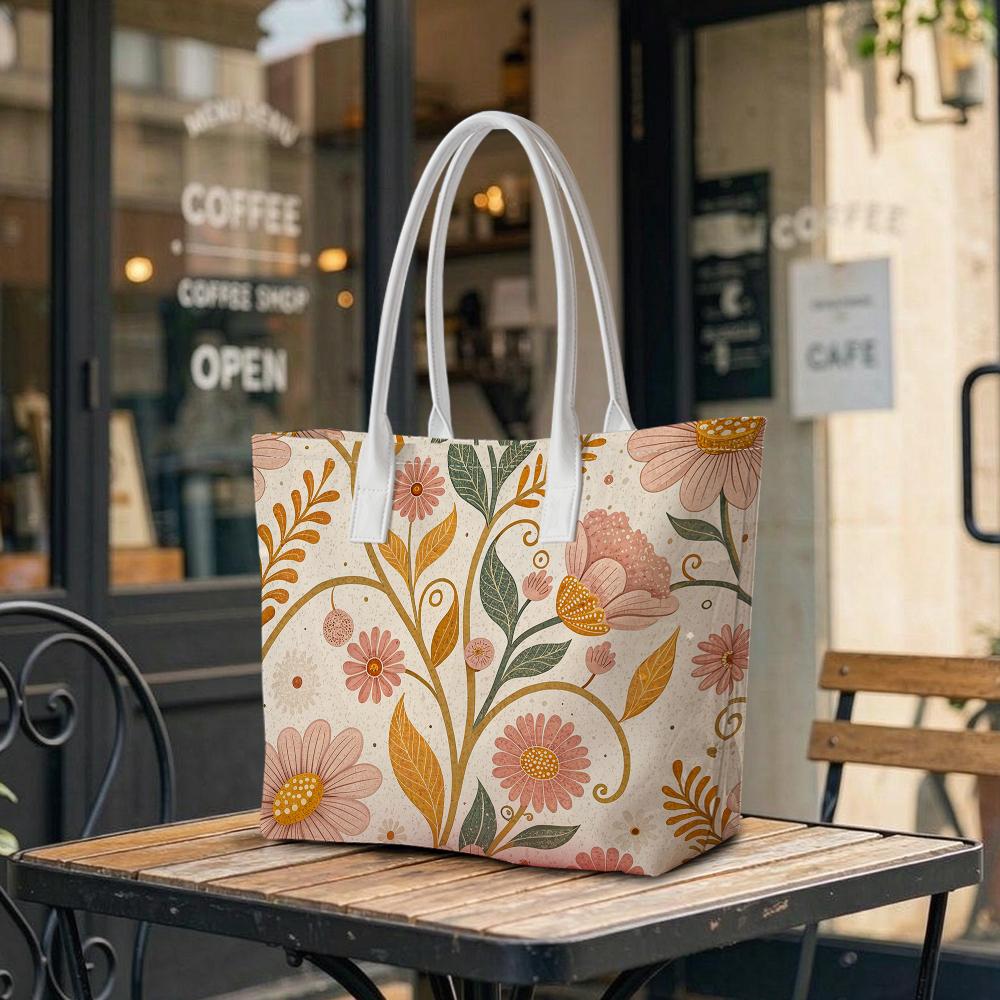 Boho Floral Tote Bag Large Capacity Shoulder Bag for Daily Commute Shopping Outdoor Travel Use