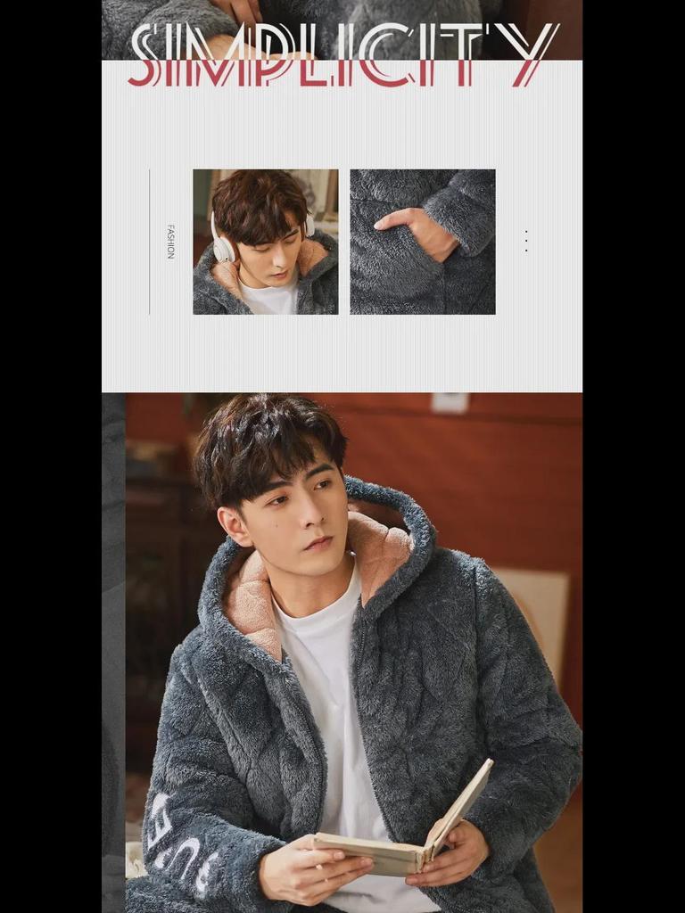 Men's Winter Hooded Quilted Pajama Set: Thick, Plush, Large Size Flannel Jacket