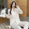 Women's Cloud Cotton Pajama Set: College Style, Long Sleeve, Loose Fit, Sweet Lapel Cardigan for Spring and Autumn