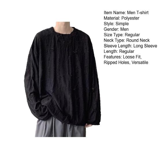Мужская футболка с круглым вырезом, длинным рукавом, рваными отверстиями, однотонный джемпер, топы в уличном стиле, базовый слой, уличные топы