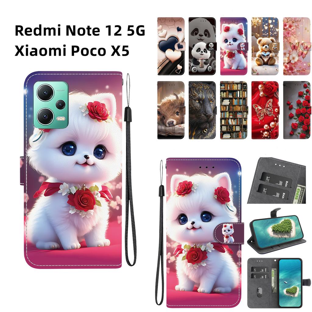 Handmade PU Leather Flip Case for Redmi Note 12 5G/Xiaomi Poco X5 Anti-Slip Shockproof Cover with Wrist Strap & Heart/Rose Cat Designs