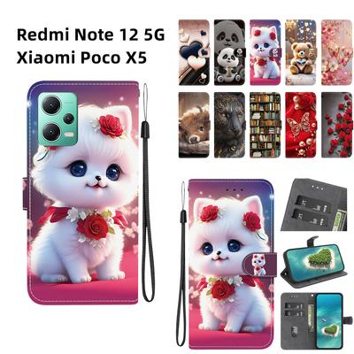Чехол-книжка из искусственной кожи ручной работы для Redmi Note 12 5G/Xiaomi Poco X5, противоскользящий, противоударный, с ремешком на запястье и дизайном в виде сердца/розы/кошки