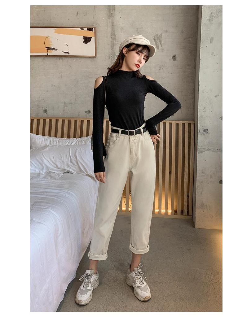 Женский черный топ с открытыми плечами, облегающий, с длинным рукавом, в корейском стиле