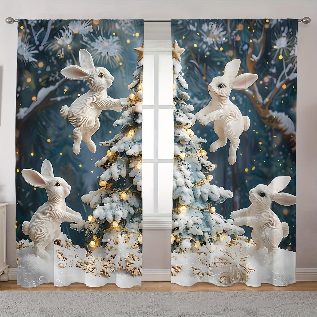 2 Elegant Classic Art Christmas Tree and Snowflake Design Rod Pocket Curtains for Home Decor In Living Room and Bedroom Window