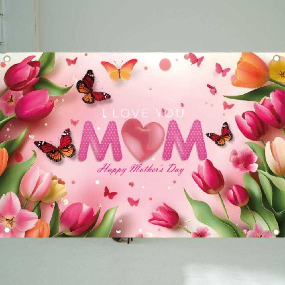 Pink Tulip Flower Background I Love You Best Mom Hanging Banner  Happy Mother’s Day Decor