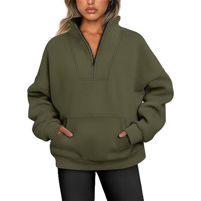 Women's Sweatshirt Stand Collar Solid Color Fashion Pocket Zipper Tops Casual Loose Fleece Ribbed Pullover