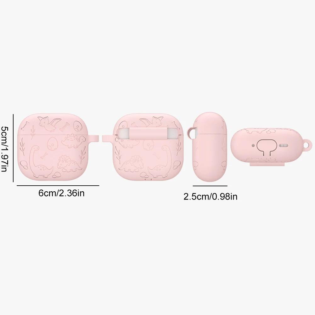 Silicone Case Protector with Carabiner Engraved Flower Dinosaur Case Soft Silicone Skin Protective Case for AirPods 4 Gen (2025)