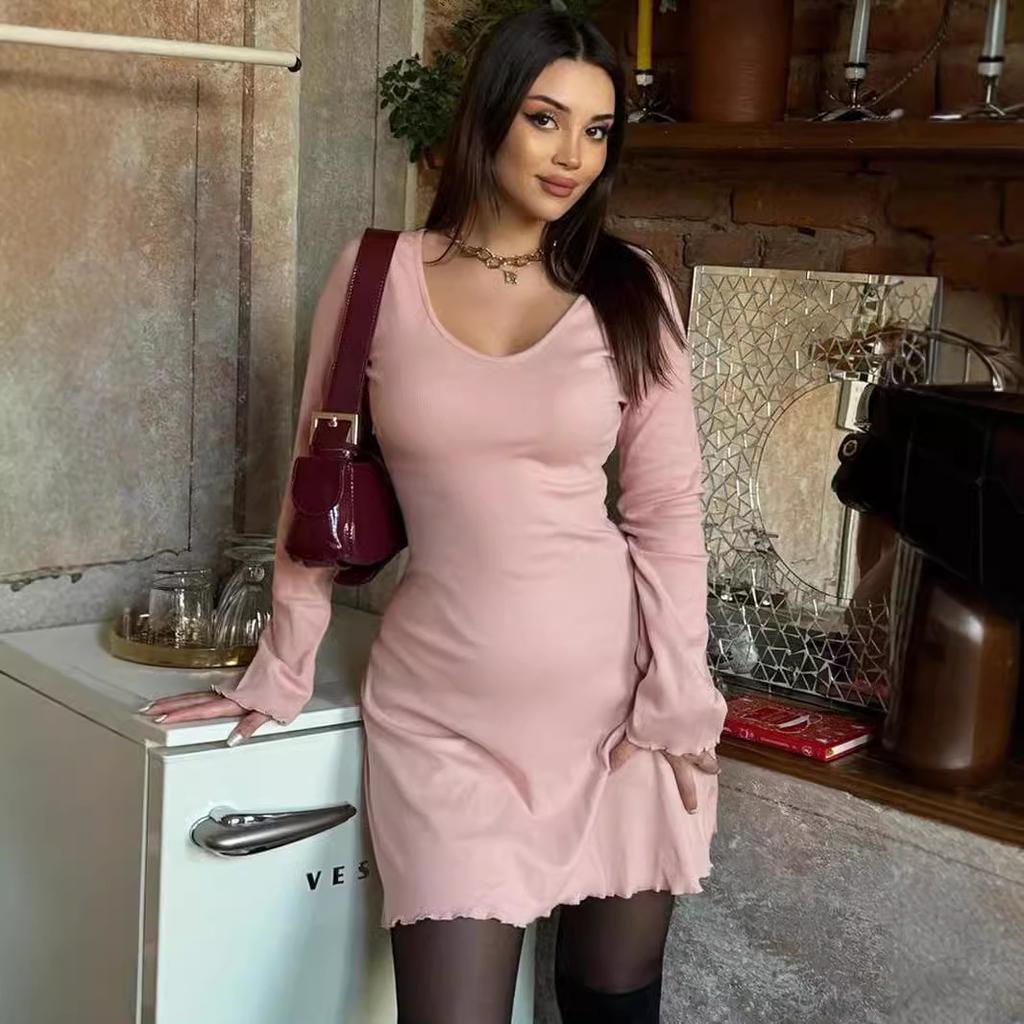 Стиль Женское Летнее Новое Однотонное В рубчик Модное Платье с Длинным Рукавом и Талией