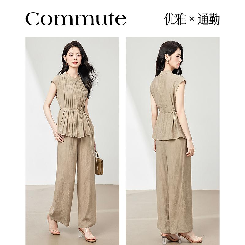 French loose suit stand up collar sleeveless pleated top wide leg pants two-piece set