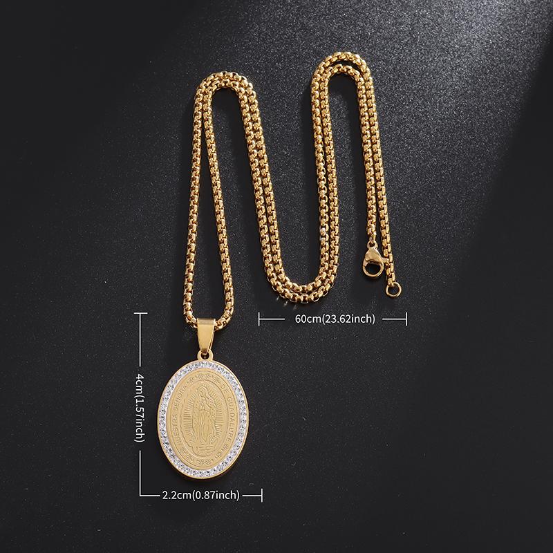 Virgin Mary Medal Pendant Stainless Steel Inlaid Zircon Necklace for Men Women Church Wear Prayer Jewelry Gift