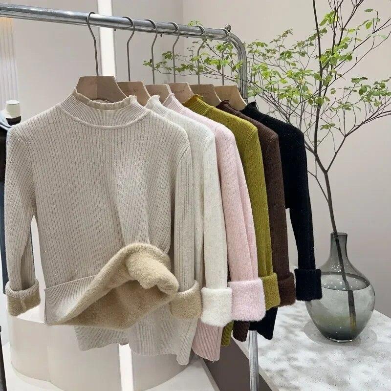 Осенне-зимние толстые плюшевые бархатные свитера, женские кружевные вязаные джемперы с полувысоким воротником, повседневные однотонные теплые пуловеры 29787