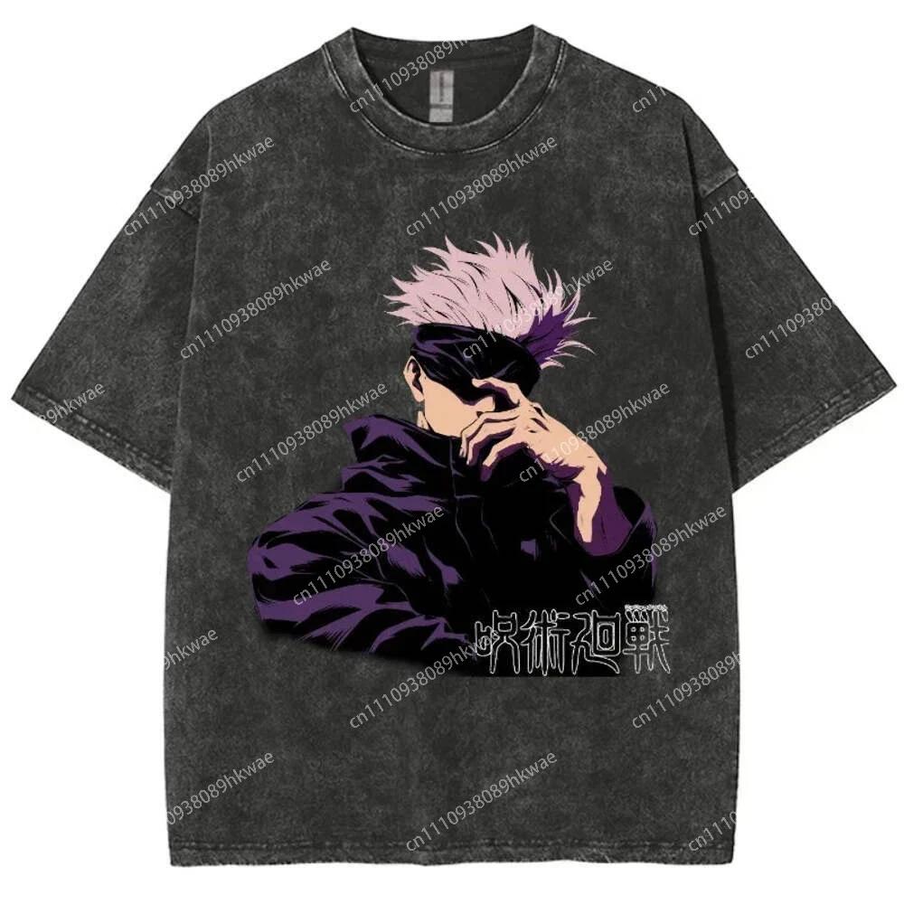 Новая летняя аниме футболка Jujutsu Kaisen Винтажная стираная Футболка Годжо Сатору Мужская Женская Харадзюку Хлопок Хип-Хоп Уличная одежда Повседневная