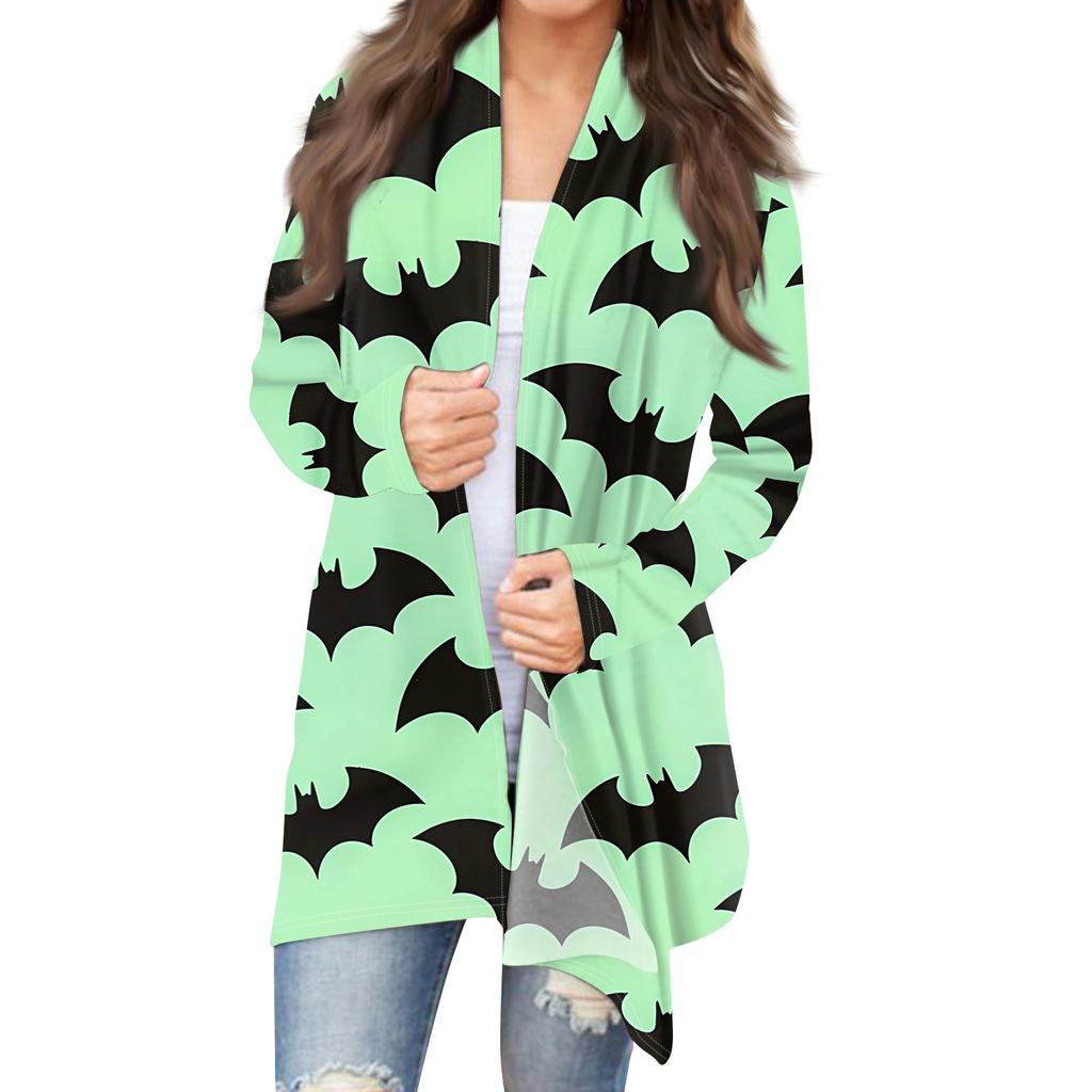 Женский кардиган с длинным рукавом спереди и принтом на Хэллоуин, легкая куртка