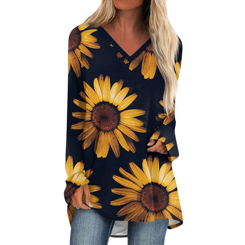 Женская и зимняя футболка с длинными рукавами и V-образным вырезом с принтом, повседневная, длинная, свободная