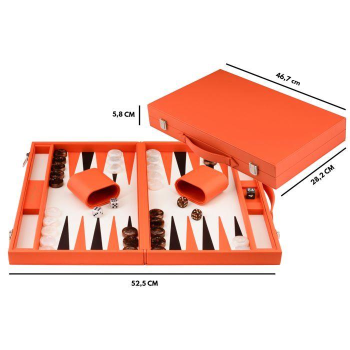 Backgammon de Luxe - ENGELHART - Prestige Similicuir Orange & Marron - 18" Grand Format - Mallette Rigide - Pions Marbrés