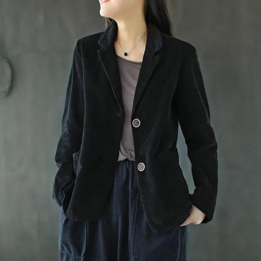 Corduroy Suit Coat Women Autumn Retro Loose Fit Single-Breasted Suit Jacket Lapel Long Sleeve Solid Color Business Coat with Poc